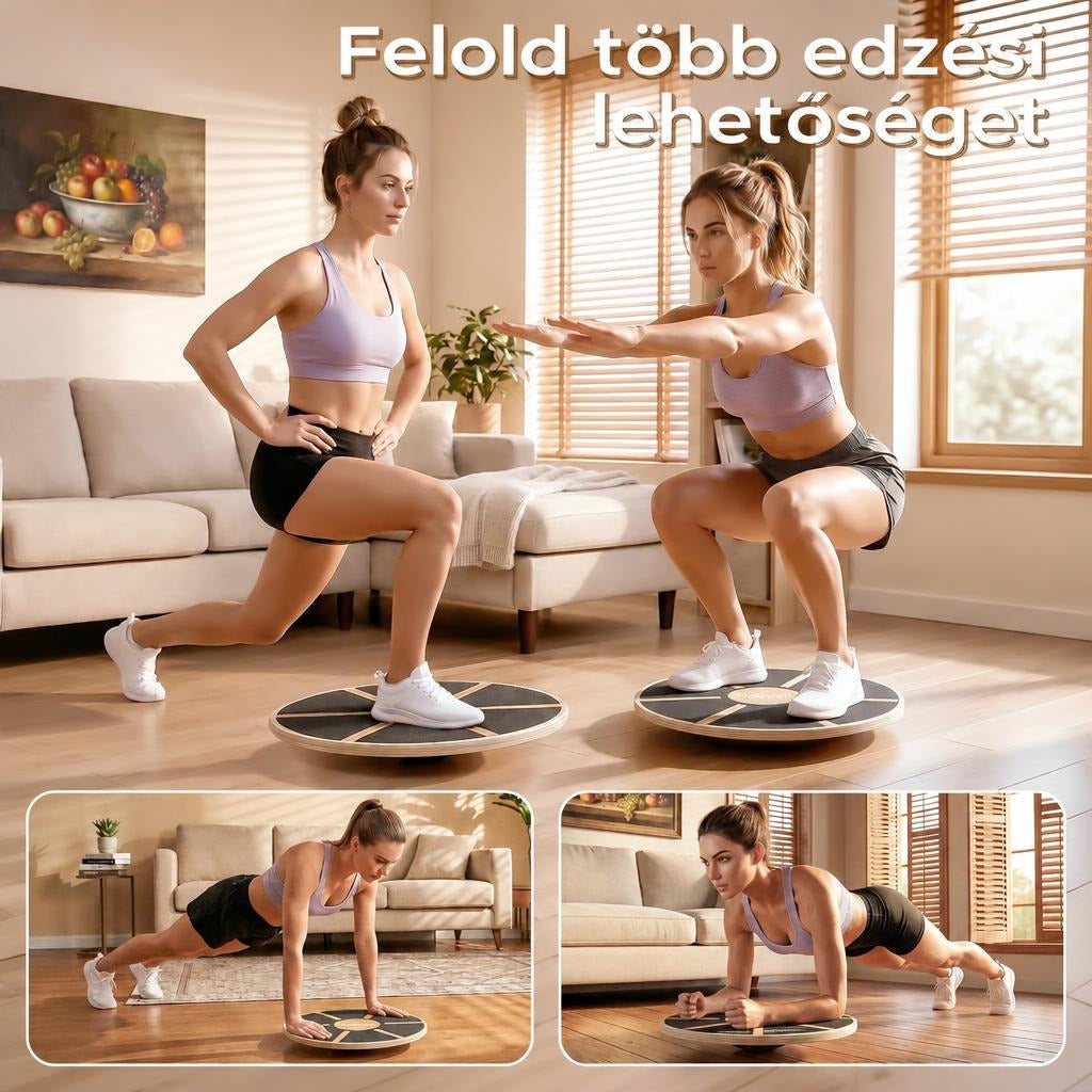 Nő egyensúlyozó deszkán végez különféle fitneszgyakorlatokat egy nappaliban.
