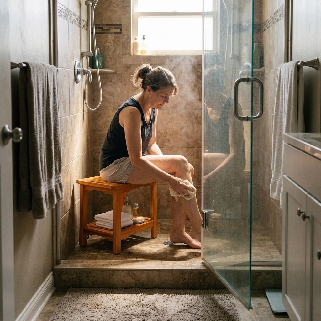 Wooden Shower Stool with Storage Shelf and Handles, 300 lbs - at home