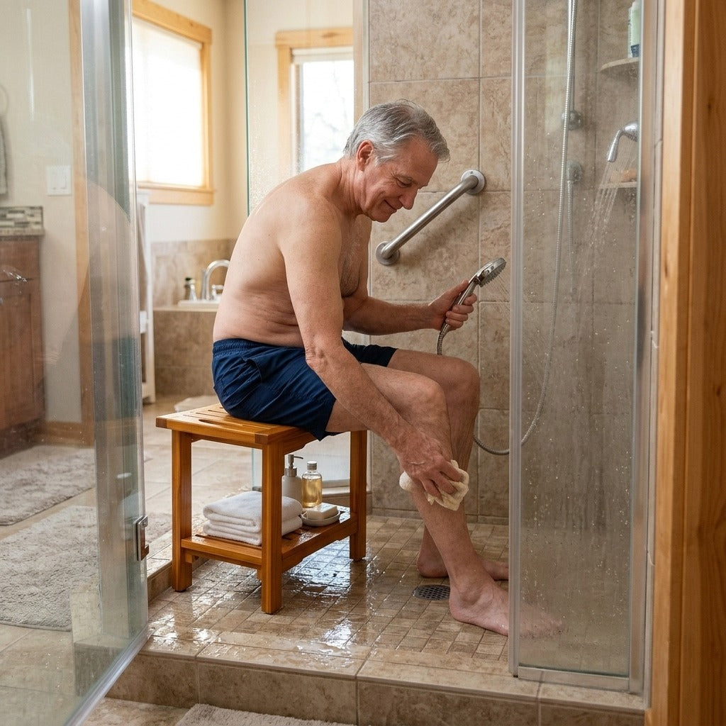 Wooden Shower Stool with Storage Shelf and Handles, 300 lbs - in everyday life