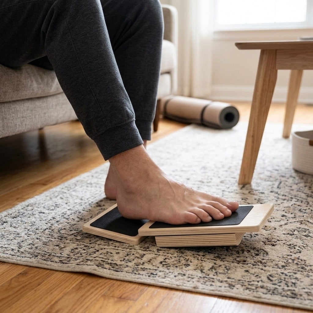 Wooden Single-Leg Ankle Balance Board - in use