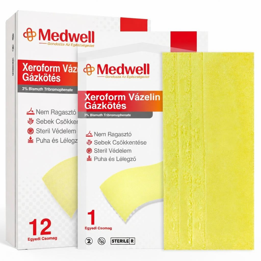 Medwell Xeroform vázelines gázkötés doboza, tasakja és sárga kötszere.