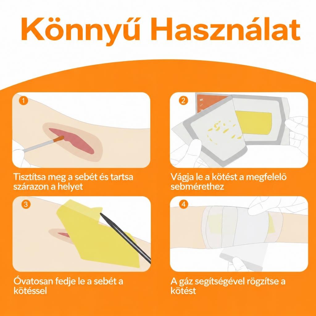 Négy lépéses illusztrált útmutató a sebkötés helyes felhelyezéséhez.